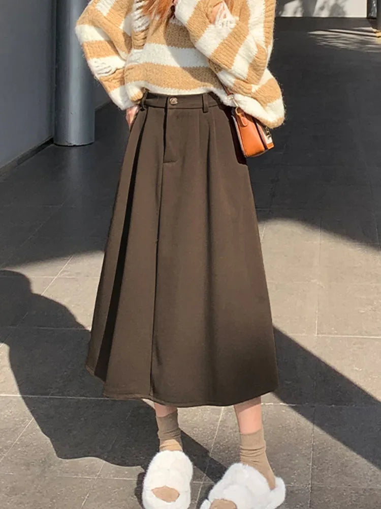 High Waist Woolen Skirt Women Long 2024 Autumn Winter Plus Size Women Clothing Elastic Waist A Line Brown Or Black Skirt Women