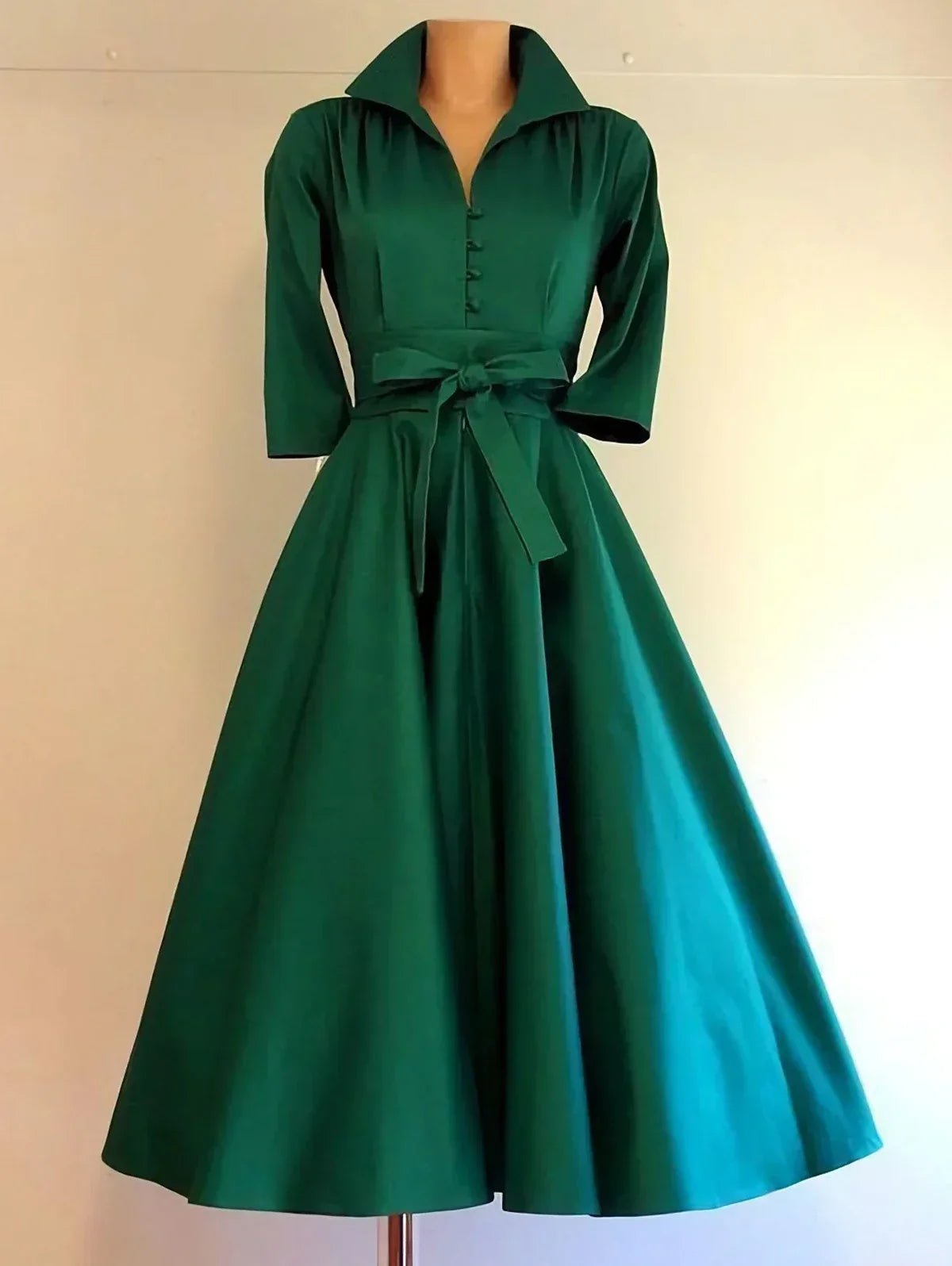 Women Elegant Turn Down Collar Dress Long Sleeve Solid Vintage Solid A-Line Party Club Fashion Autumn Female Dress with Belt