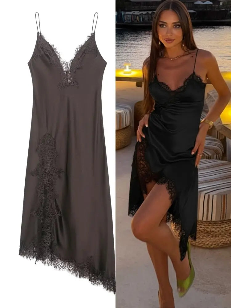 HH Fashion Soild Asymmetric Lace Satin Dress For Women's Sexy V-Neck Sleeveless Backless Slit Evening Party Slip Midi Dress