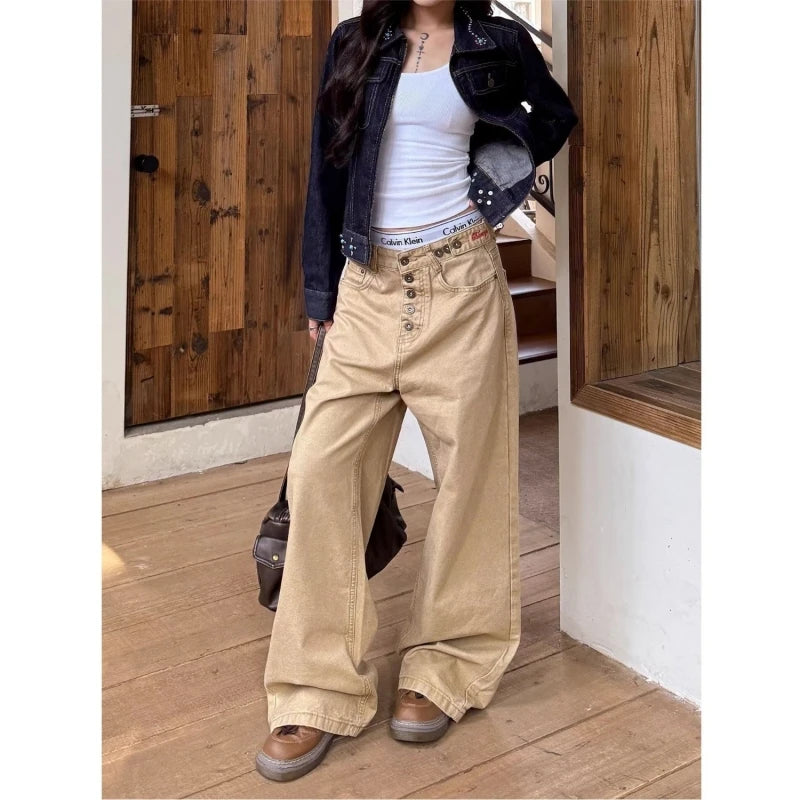 Women's American retro khaki curved jeans new wide leg pants Korean casual straight leg loose breasted work pants slimming pants