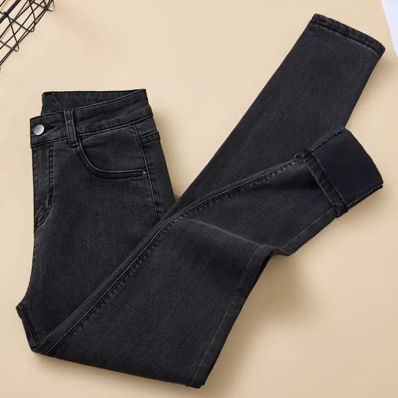 Women High Waist Fleece Jeans 2025 Fall Winter New Arrival Slimming Tummy Control Skinny Pants Stretch Pencil Trousers