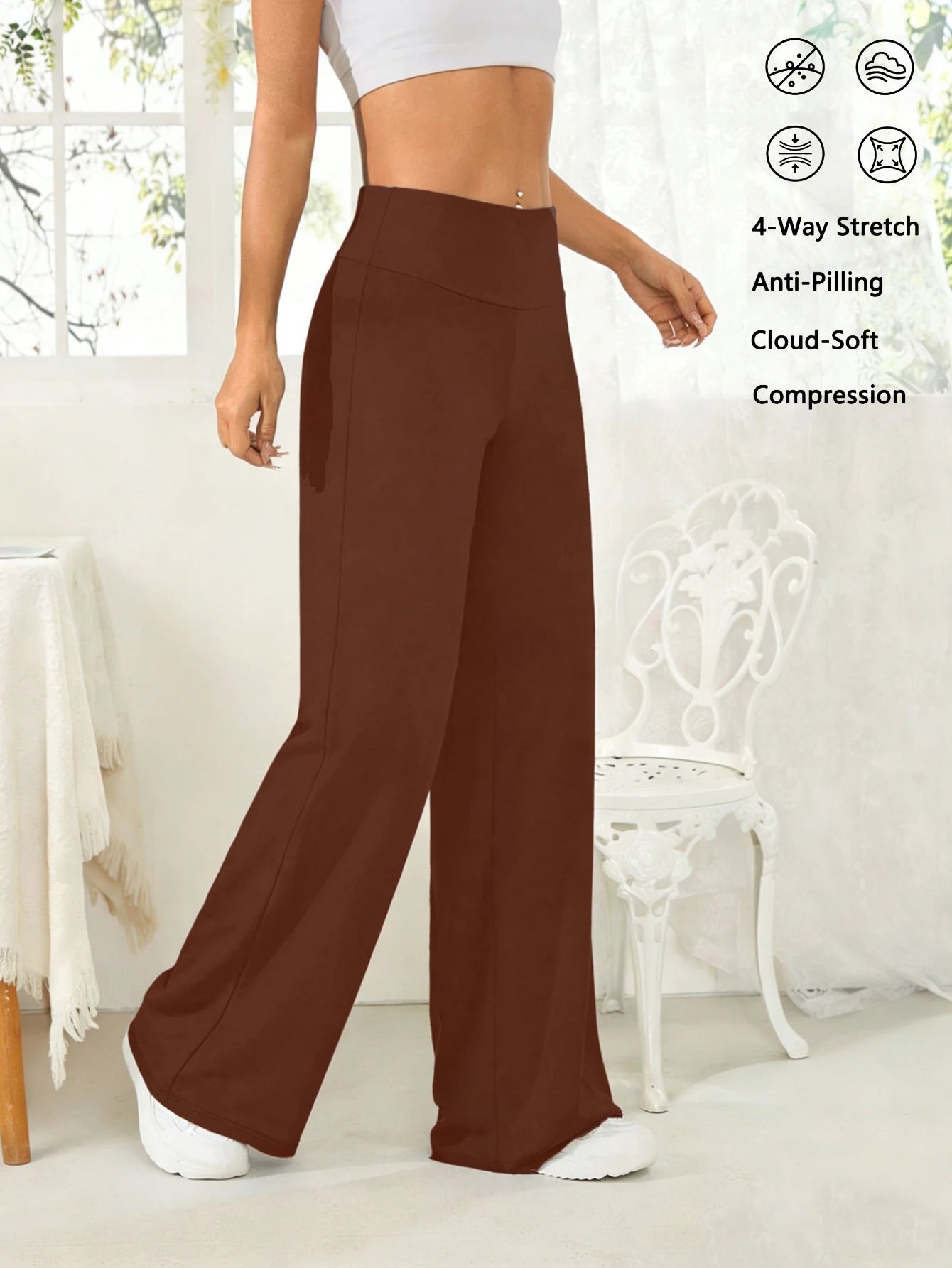 Spring Style Cozy Soft High-Rise Wide Leg Pants Summer Women Slimming Casual Trousers Brown Yoga Pants for Gym Daily Wear