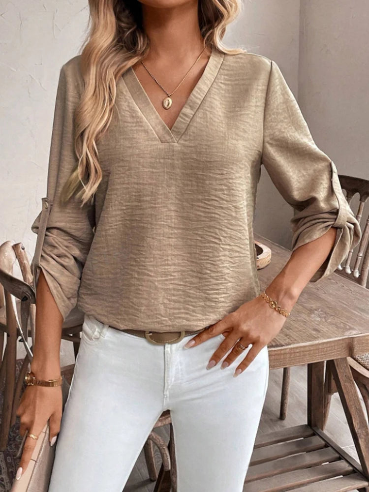 Ladies Elegant Simple V-Neck Commute Pure Color Cuffed Sleeve Casual Sophisticated Shirt Office Wear Casual Fashion