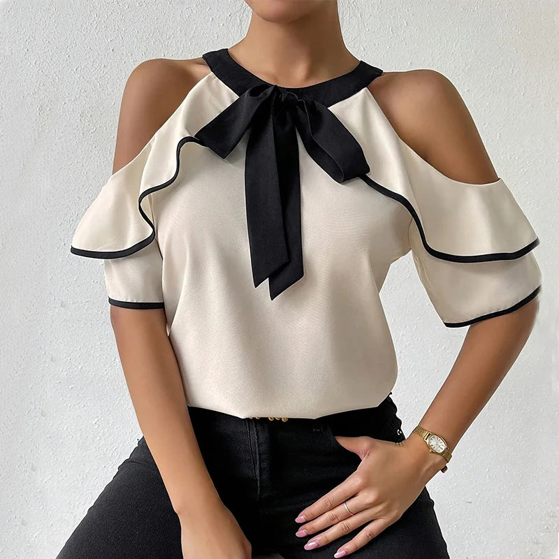 Women's Ivory Cold Shoulder Blouse Short Ruffle Sleeve Black Tie Neck Contrast Trim Top Shirts