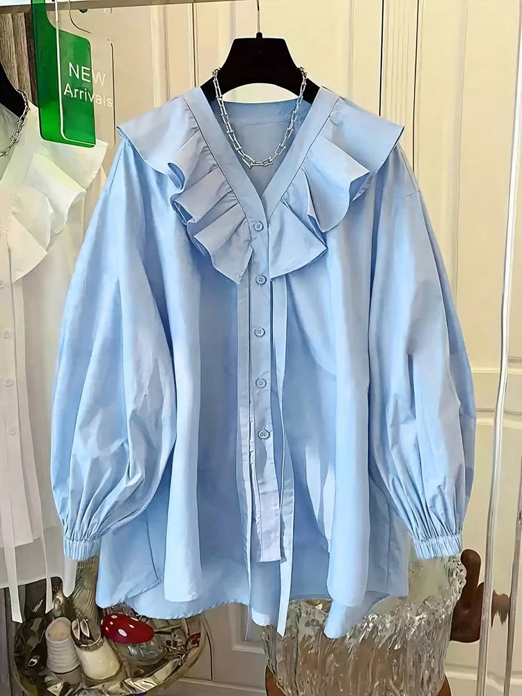 Spring/Summer 2026 New Collection Women's Casual Resort Ruffled Collar Button-Down Shirt Solid Colour Top Everyday Fashion